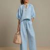 Abril | Conjunto de Blusa Frontal con Cremallera y Pantalones de Pierna Ancha