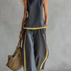 Leila - Conjunto elegante y casual de chaleco y pantalones de algodón y lino gris con bordes en dos tonalidades.