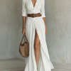 ESENCIAL - Vestido Maxi Largo con Cuello Notado y Mangas Largas para Mujeres