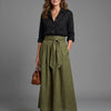 Carla | Conjunto de Dos Piezas Blusa Negra Falda Midi Verde Oliva